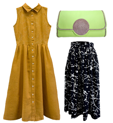 Rachael's 3 top picks from Fashion ComPassion’s website - Bhalo Pineapple Dress (£80), Bhalo Streamer Skirt (£110) and Sougha Moon Clutch ( £155) .